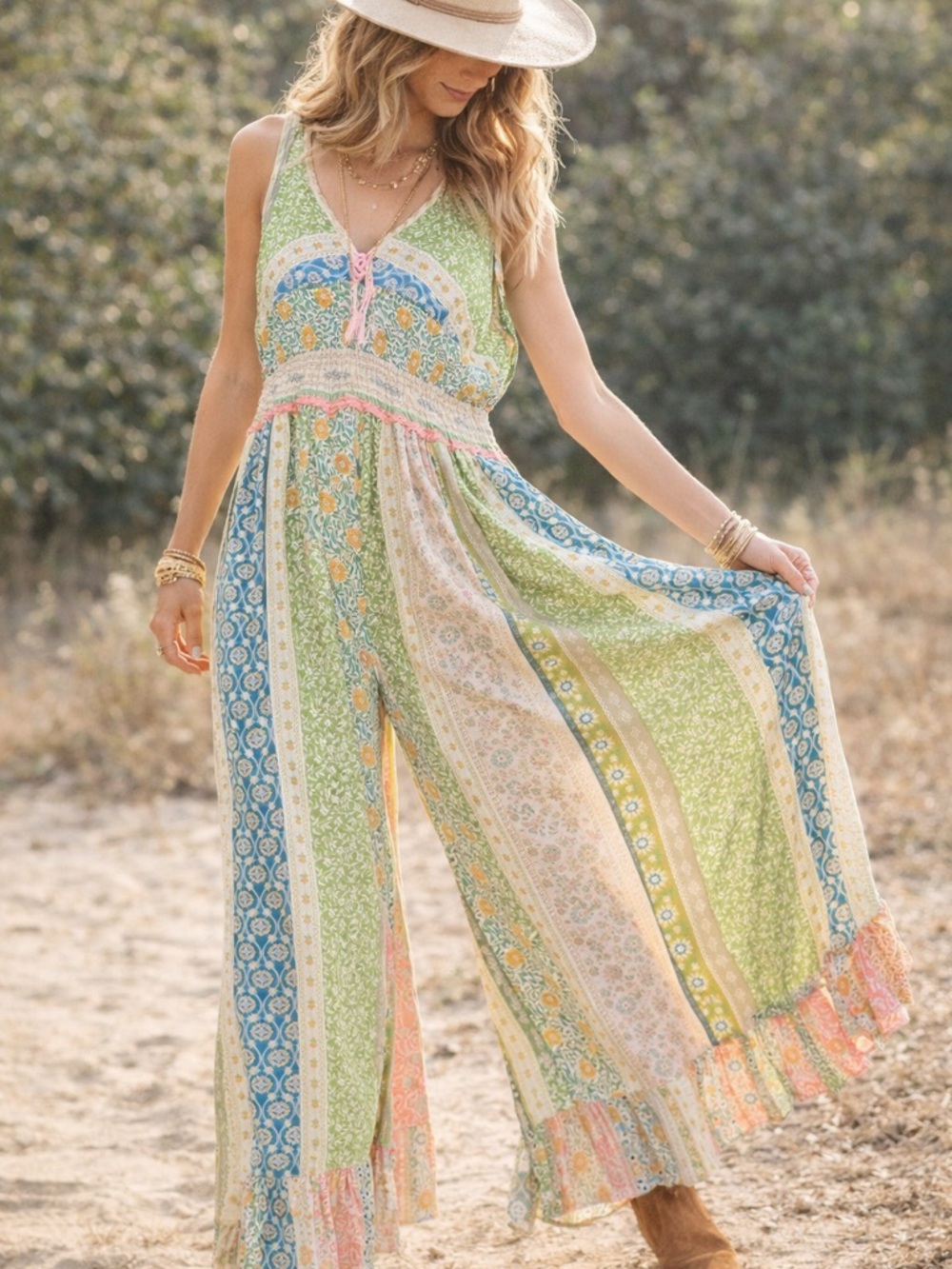 Boho Floral Green Wide-Leg Jumpsuit